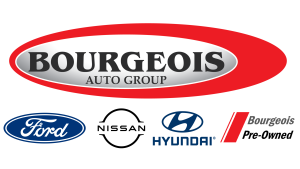 Bourgeois auto group logo with brand logos: Ford, Nissan, Hyundai, Bourgeois Pre-Owned
